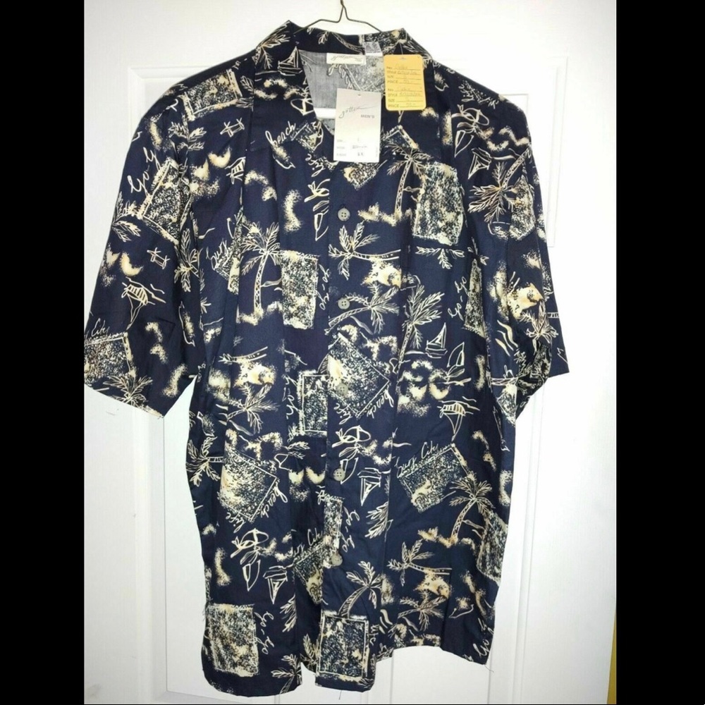 🧉🍍Vintage NWT Gottex Men's Size Small Navy Blue Hawaiian Shirt🧉🍍